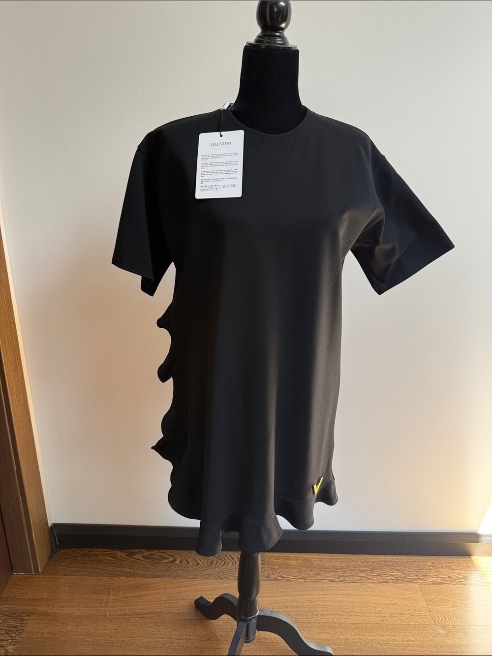 Valentino Black Short Sleeve Dress/ Tunic with Scalloped Side and Gold V. New.